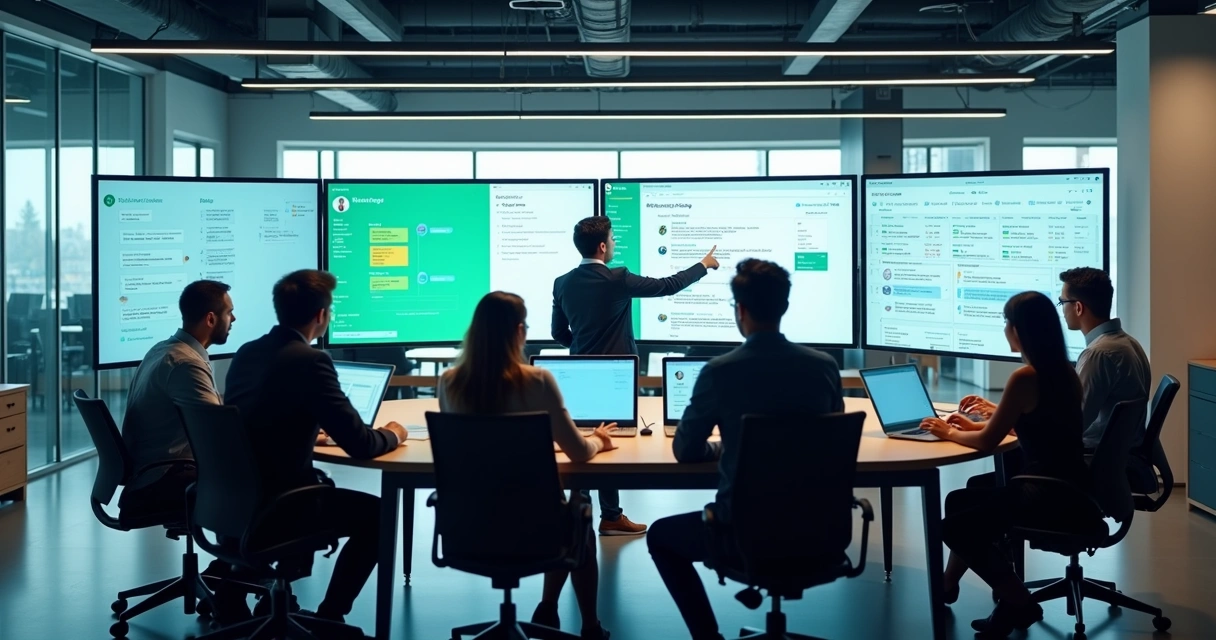 Equipe utilizando centralização de canais de atendimento com telas mostrando chat, WhatsApp e PABX virtual 