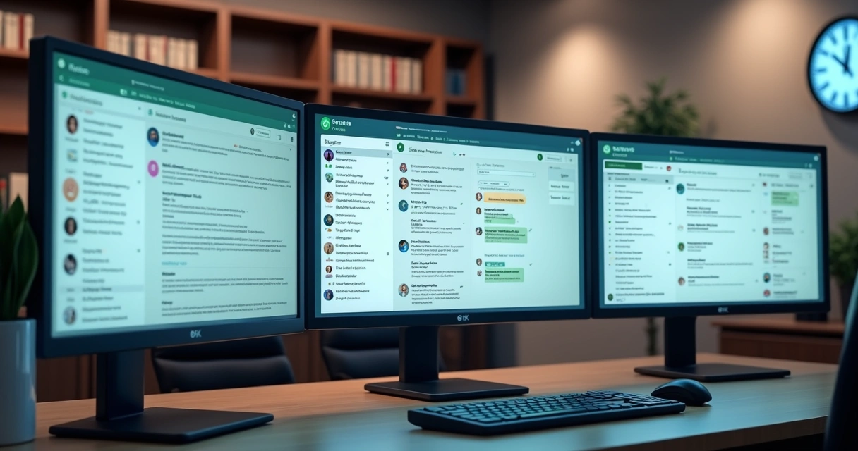 Central de atendimento jurídico com telas mostrando telefone, WhatsApp e e-mail organizados 