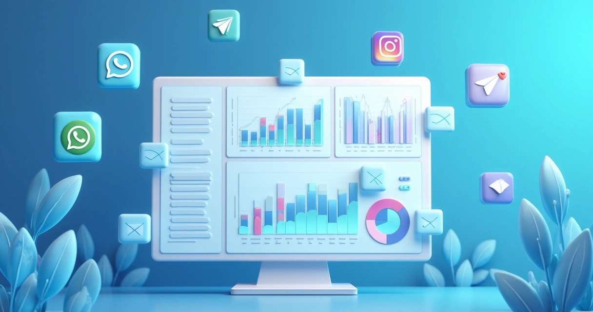 Ilustração mostrando vários canais como WhatsApp, Instagram e Telegram centralizados em uma plataforma digital integrada 