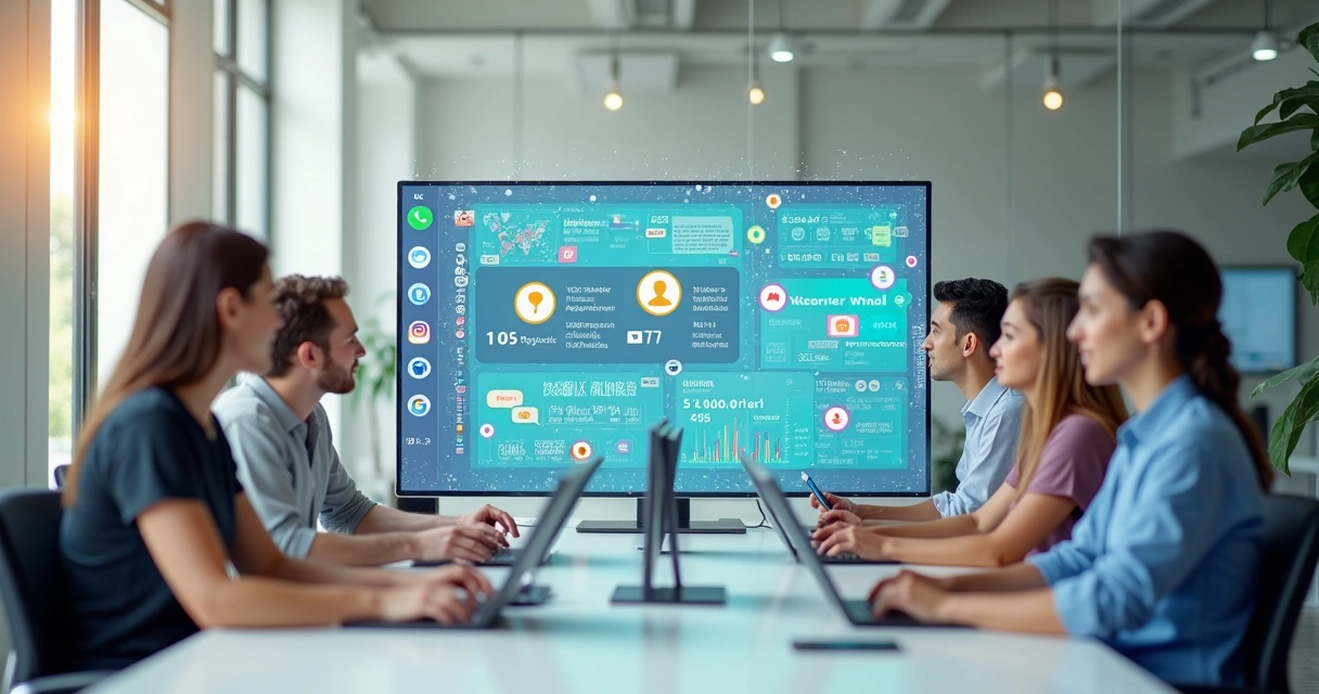 Painel digital mostrando integração entre WhatsApp, Instagram, e-mail e site 