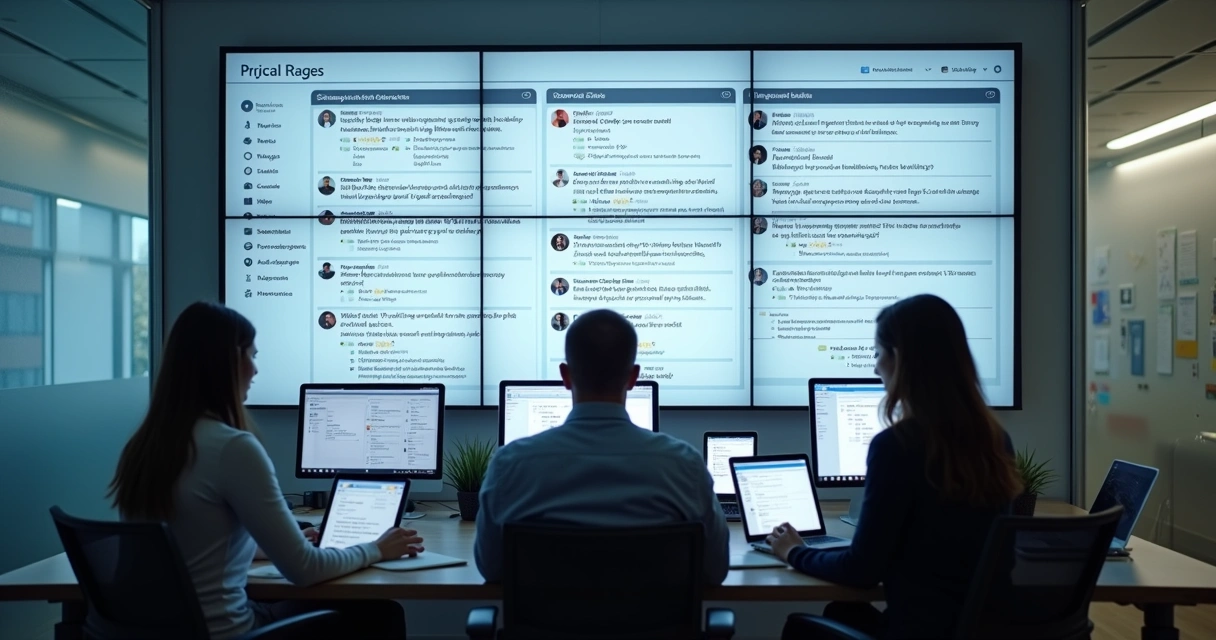 Atendente visualizando painel digital com mensagens de moradores em condomínio 