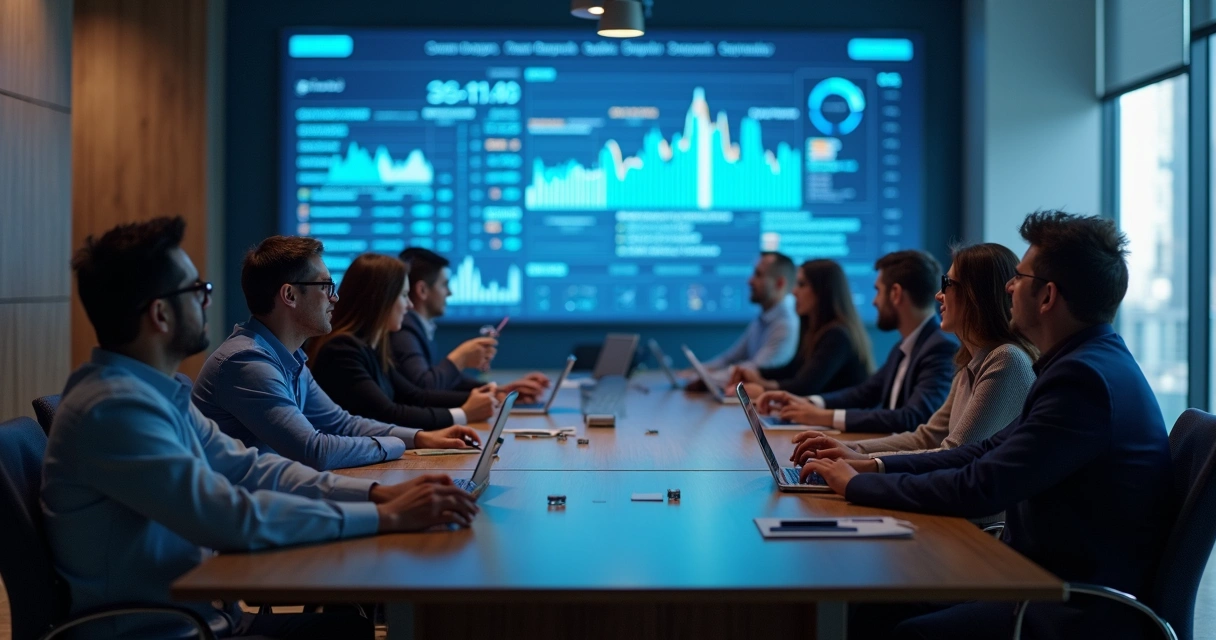 Equipe analisando painel financeiro digital na sala de reunião empresarial 