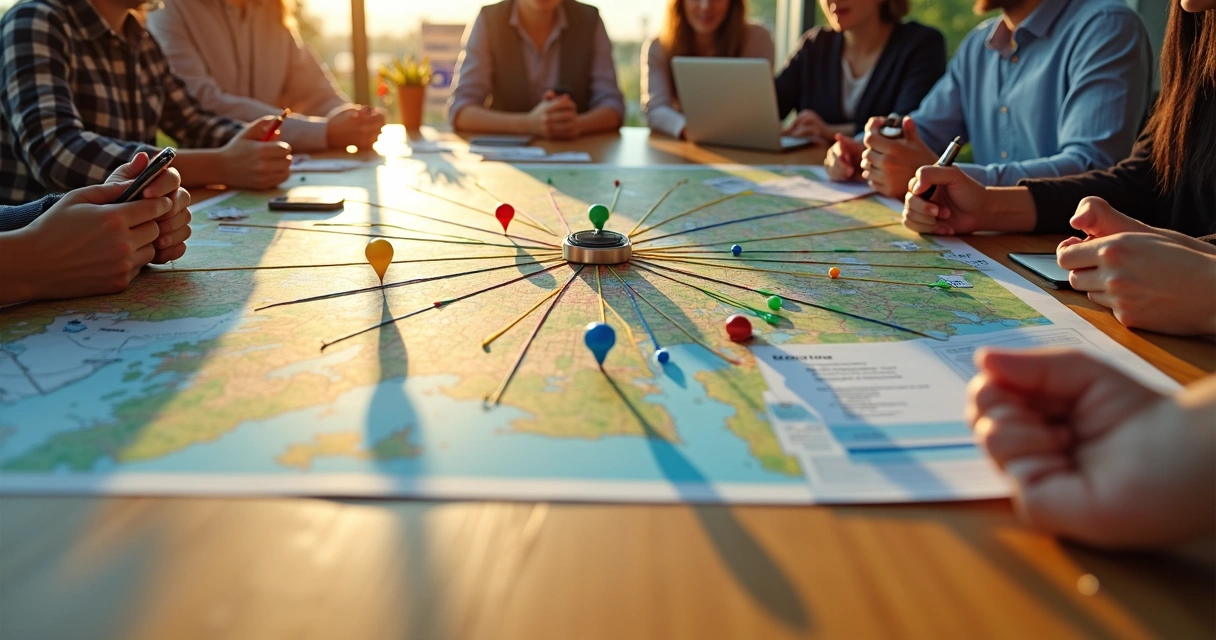 Mapa de cidade sobre mesa conectando equipes de campanha com linhas coloridas 