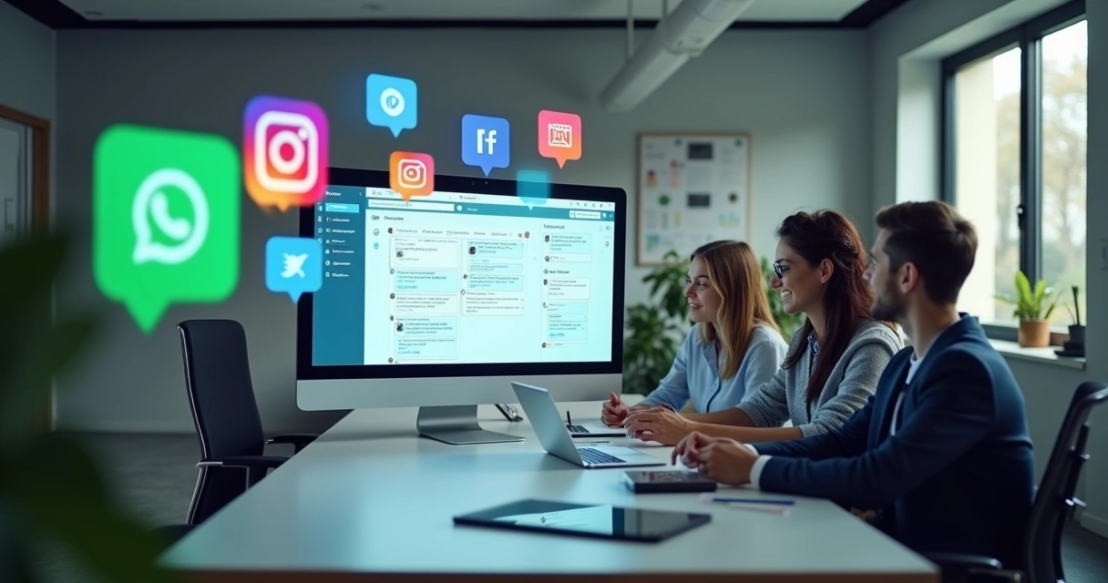 Ilustração mostrando vários ícones de redes sociais, como WhatsApp, Instagram e Facebook Messenger, sendo conectados a uma única tela de computador com interface Kanban. 