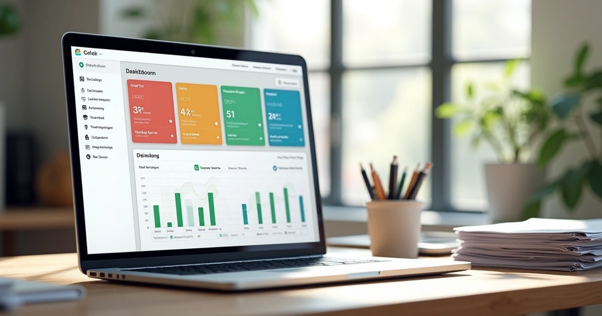 Tela de um computador mostrando portal com mensagens, arquivos e tarefas, ao lado de uma mesa de escritório 