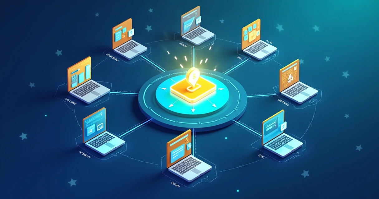 Painel digital mostrando várias contas de pagamento conectadas a um gateway centralizado 