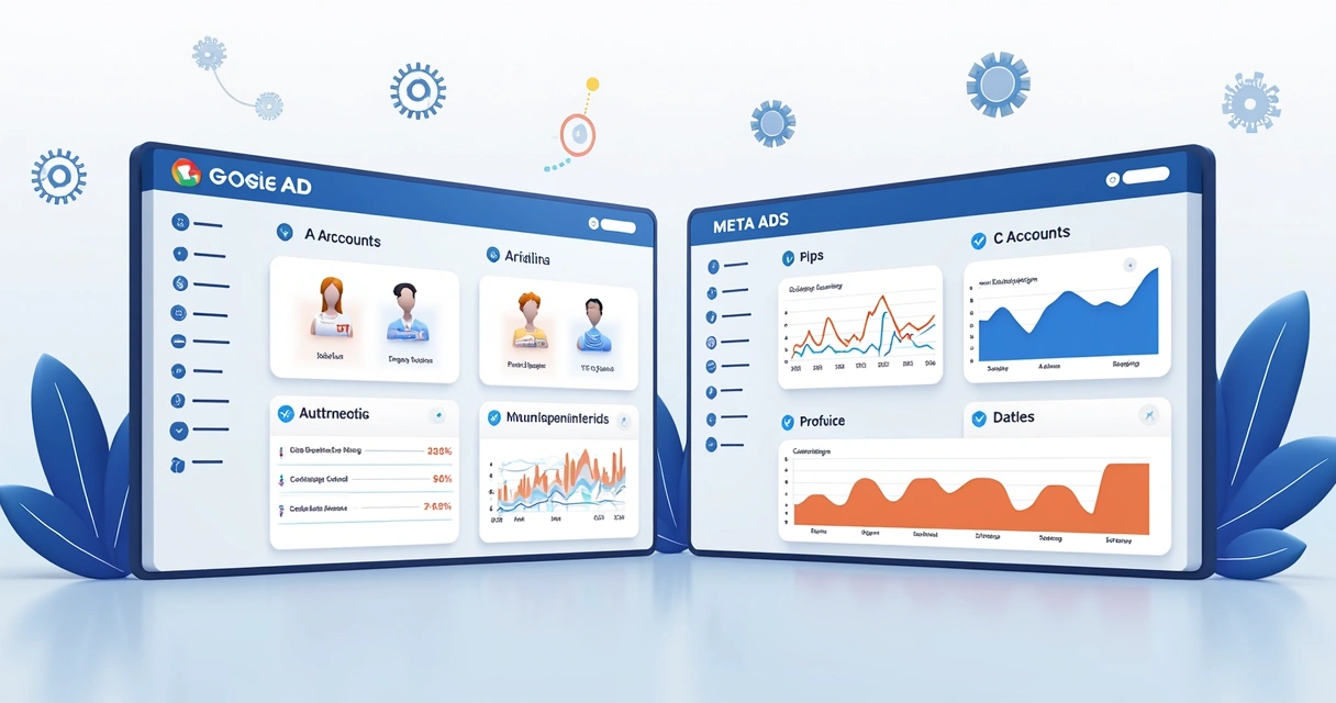 Visão de painel unificado conectando contas e campanhas do Google Ads e Meta Ads 