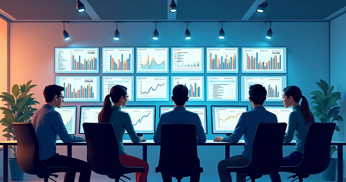 Equipe de vendas reunida em frente a telas mostrando contatos centralizados e gráficos de resultados 