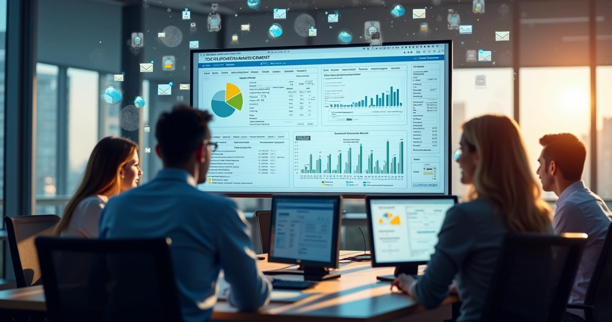 Tela de computador mostrando software de gestão de contratos de TI.