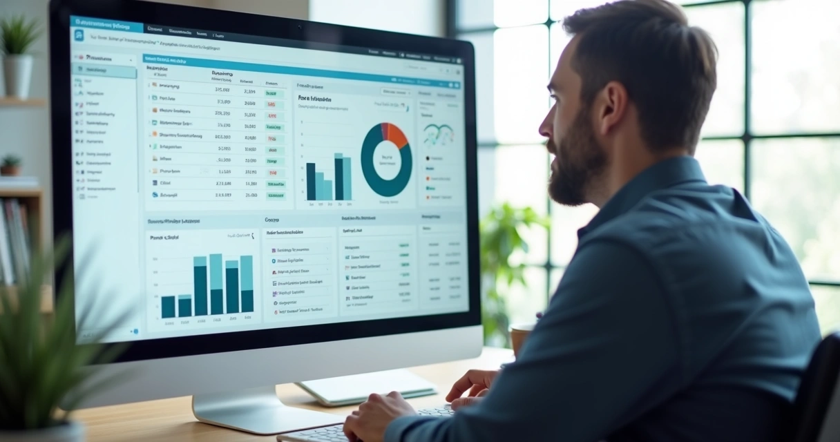 Gestor olhando para tela de sistema com fluxo financeiro centralizado