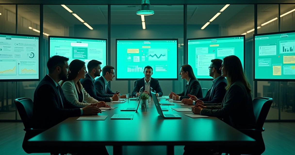 Equipe reunida em torno de computadores monitorando mensagens centralizadas 
