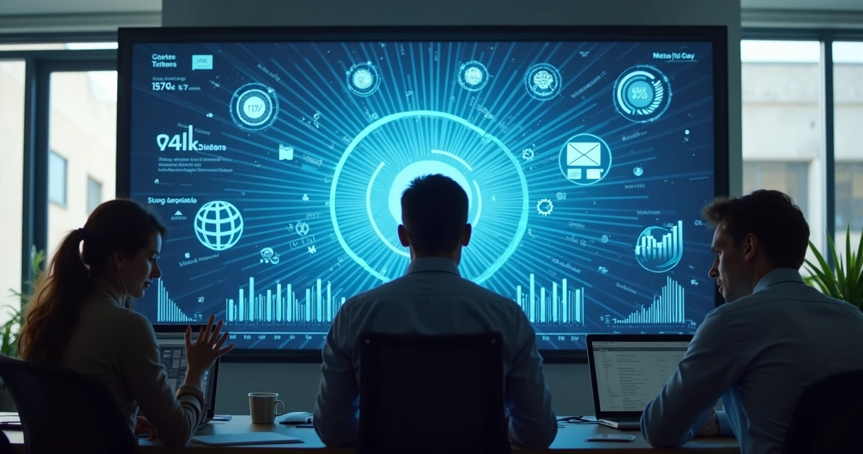 Equipe analisando gráficos e dashboards de CRM em tela grande. 