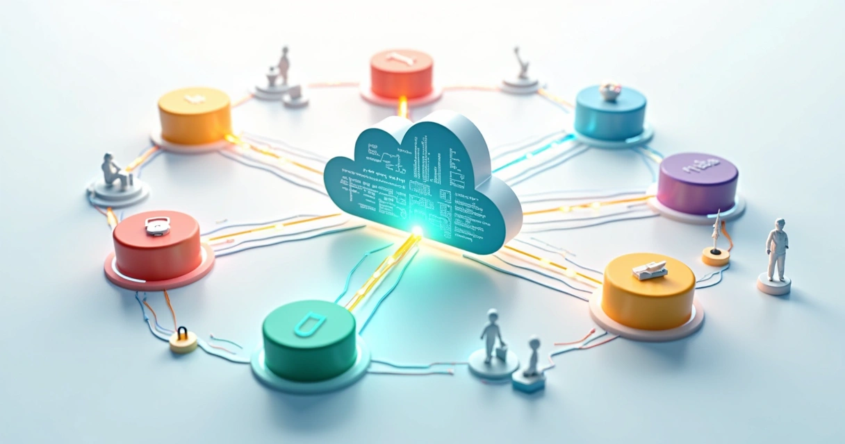 Diagrama mostrando centralização de dados em cloud, vários setores conectados a um núcleo digital 