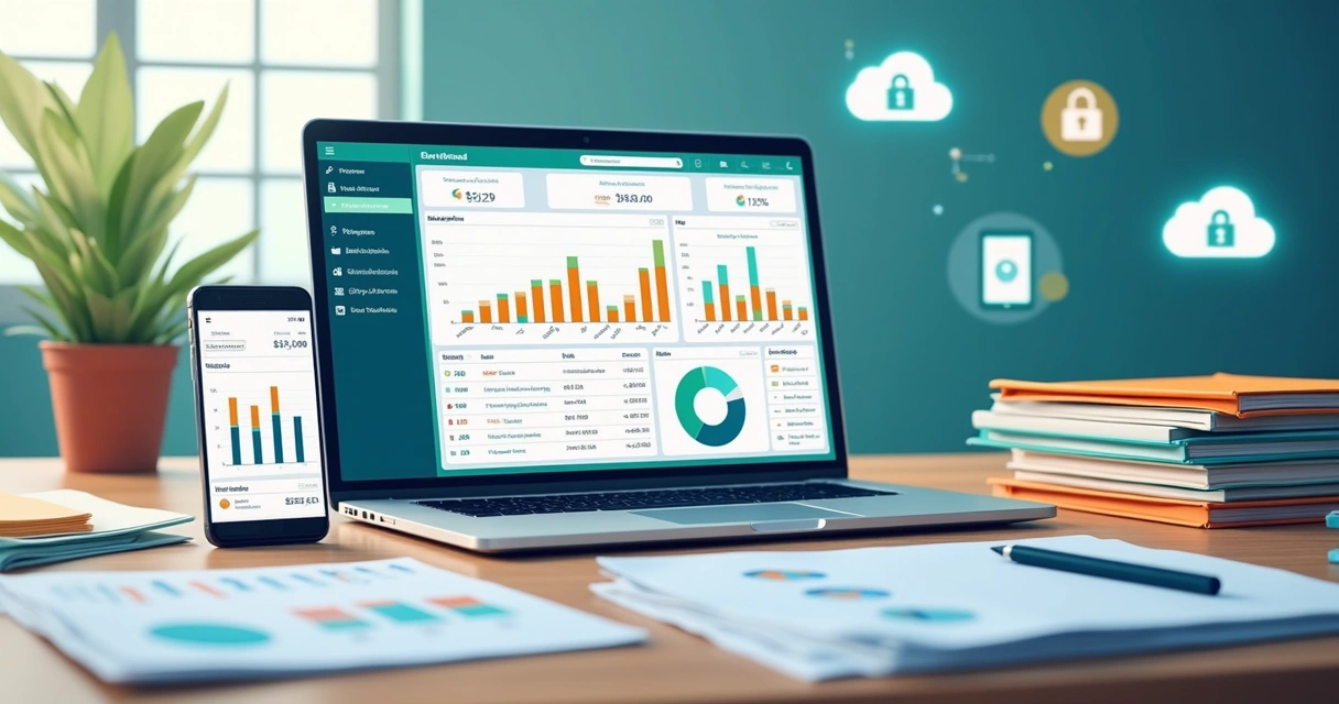 Representação de dashboard financeiro colorido, mostrando gráficos e tabelas em tela de notebook e smartphone sobre mesa de escritório 
