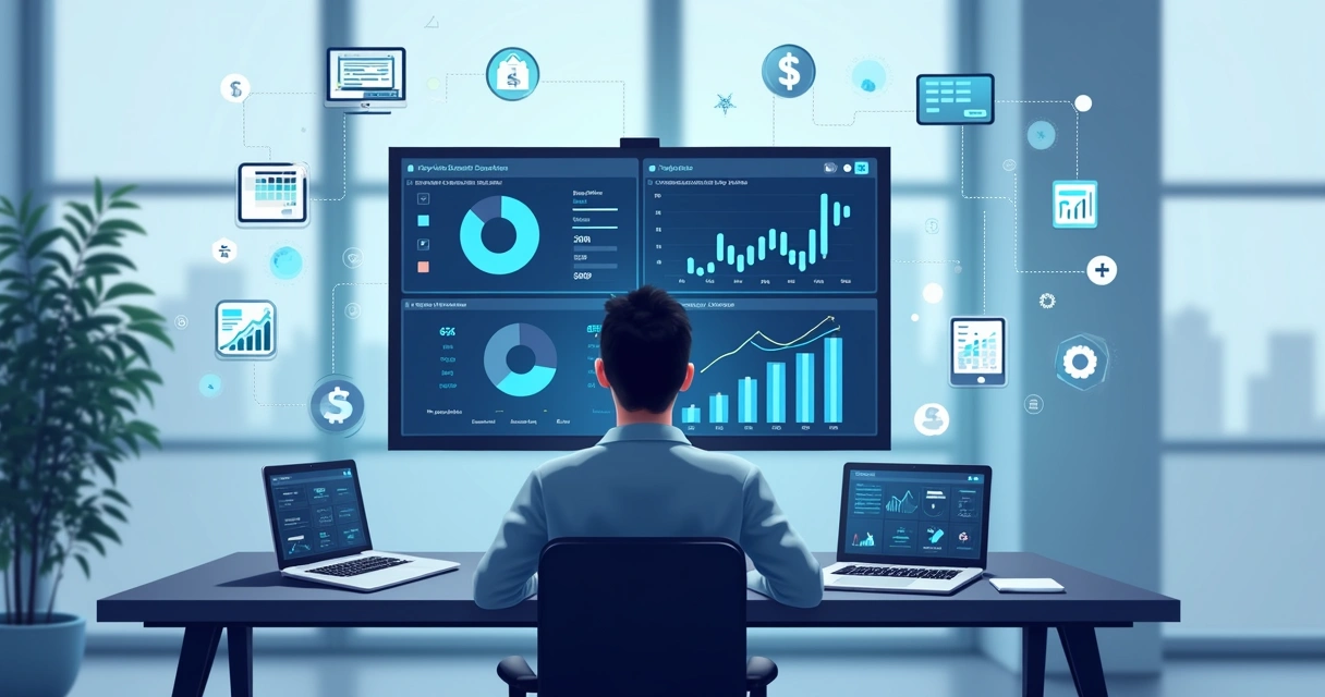 Tela de ERP exibindo dashboard de vendas e estoque, gestor analisando informações