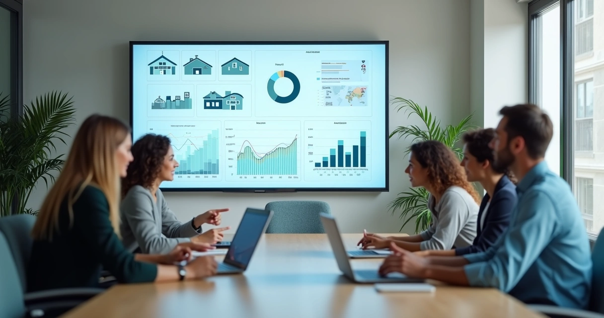 Dashboard de dados centralizados com ícones de imóveis e gráficos em tela gigante 