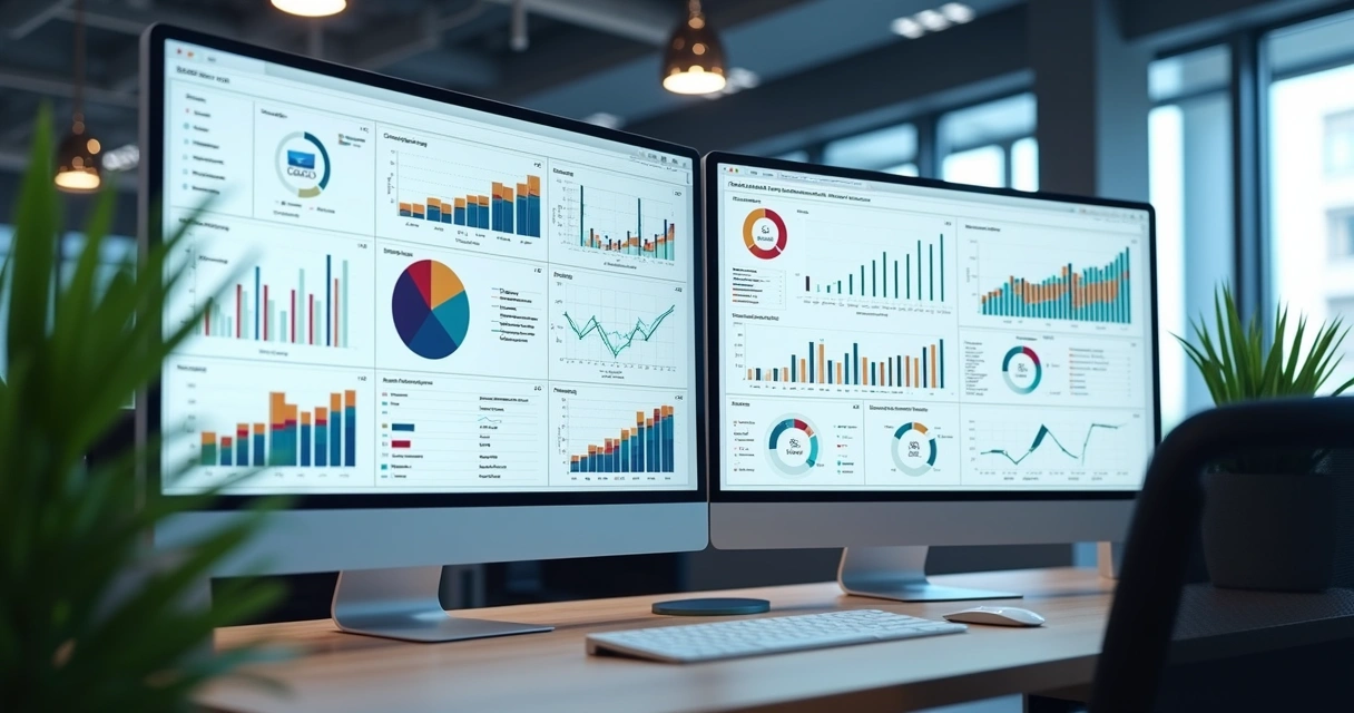 Mesa de trabalho com múltiplas telas exibindo dashboards digitais de dados sobre projetos de construção, gráficos, planilhas e documentos organizados em ambiente de escritório moderno 