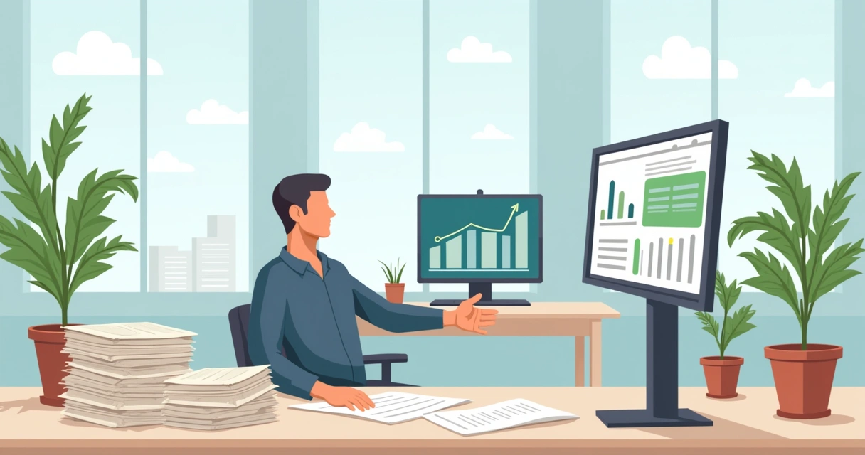Um profissional em um escritório moderno usa um computador com dados financeiros centralizados e organizados.