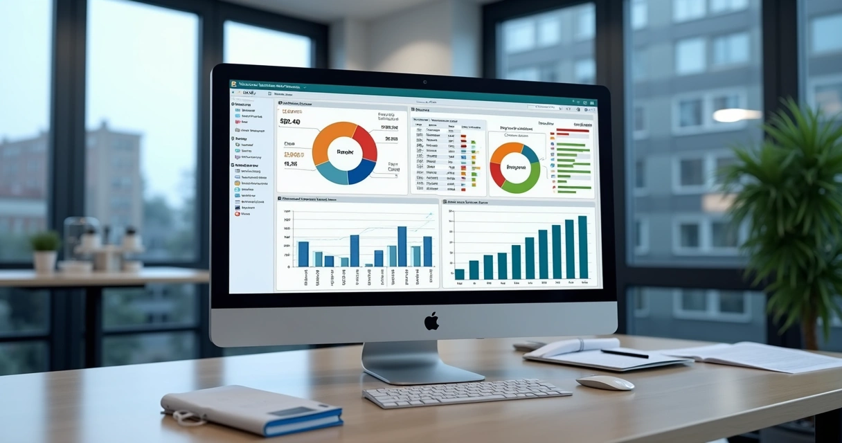 Ambiente moderno com tela de computador exibindo planilhas fiscais automatizadas, gráficos tributários detalhados, e dados de XML de notas fiscais, SPED e DCTF-Web em destaque 