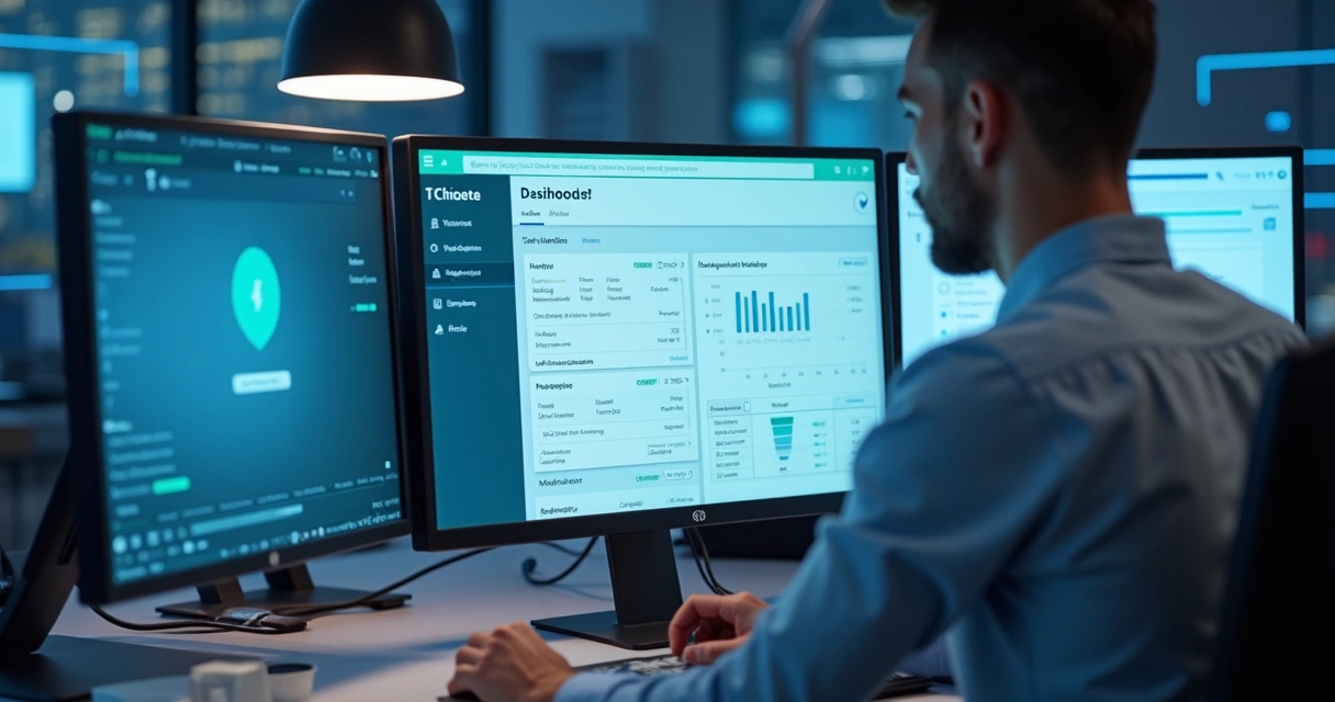 Tela de computador mostrando dashboard com centralização de chamados, gráficos de desempenho e integrações de TI 
