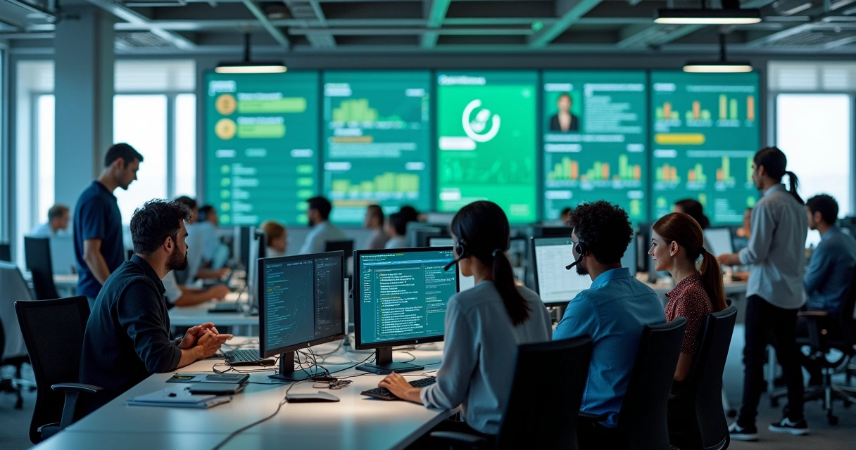 Computadores com telas mostrando chats e gráficos de desempenho em central de atendimento digital 