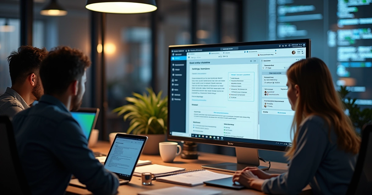 Tela de computador mostrando wiki colaborativo de documentação técnica com equipe trabalhando em diferentes dispositivos ao redor 