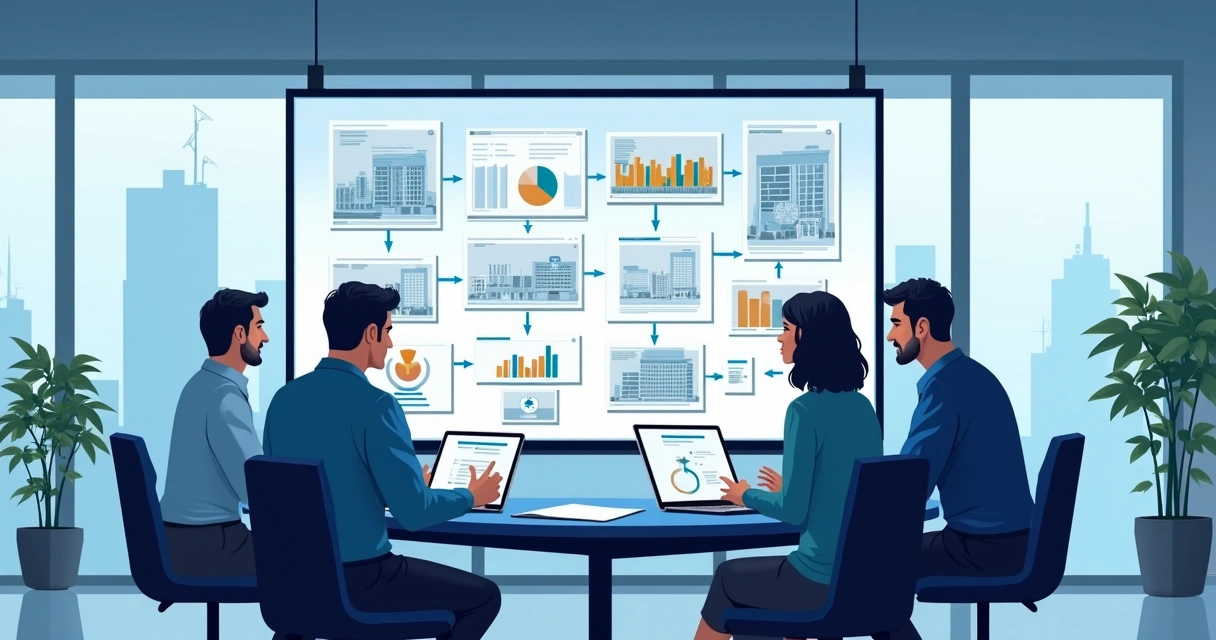 Tela dividida com técnicos da construção analisando documentos em um sistema digital 