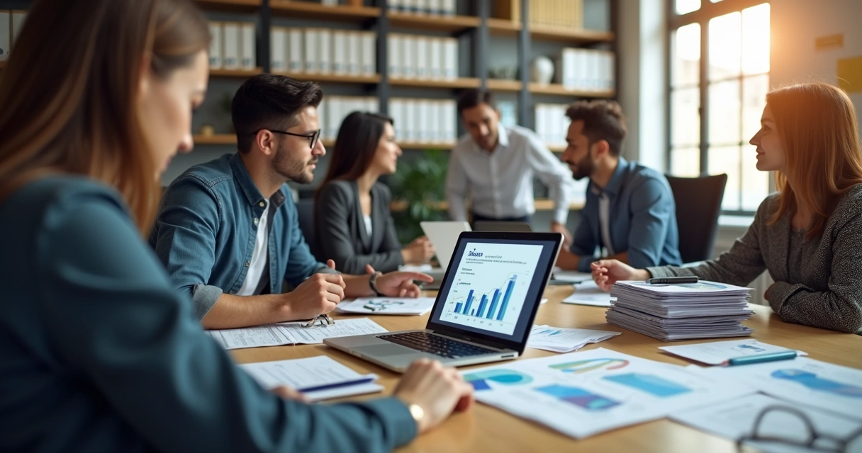 Equipe de contabilidade reunida ao redor de uma mesa, analisando documentos digitalizados em um notebook