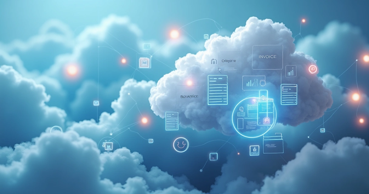 Documentos fiscais digitais organizados e acessíveis na nuvem, com ícones de segurança e nuvens em fundo azul claro 