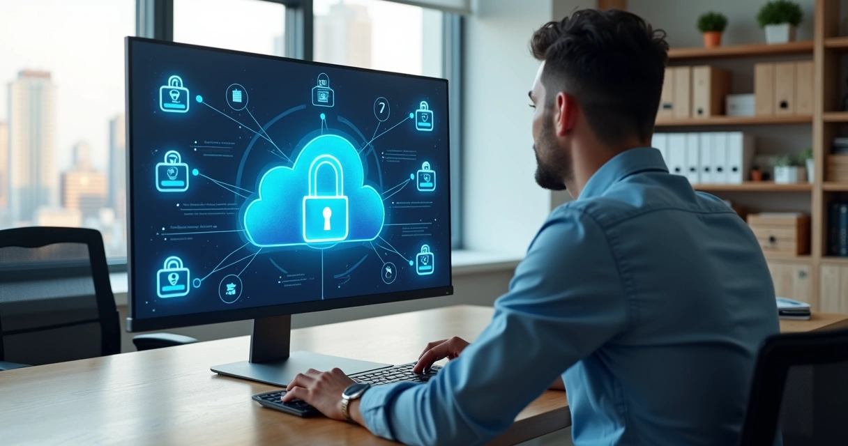 Profissional acessando documentos na nuvem com ícones de segurança e cadeado digital na tela 