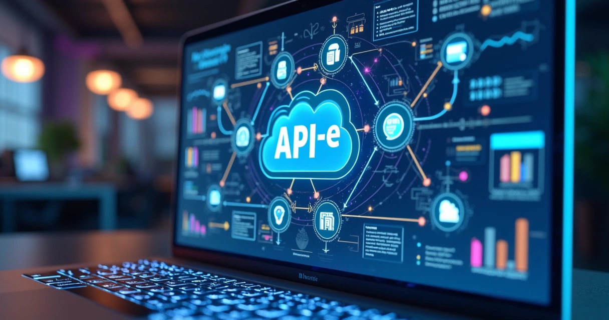 Tela digital mostrando integração de várias APIs de notas fiscais com gráficos de dados fiscais em fundo tecnológico 
