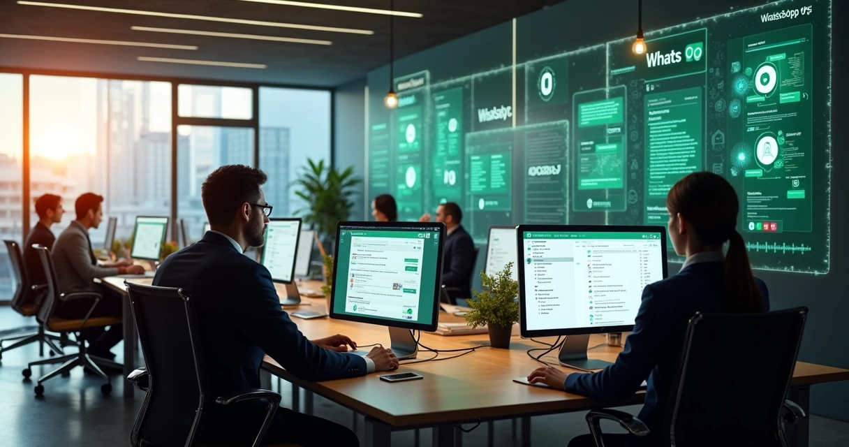 Equipe atendendo clientes pelo WhatsApp em plataforma web com painel de IA 