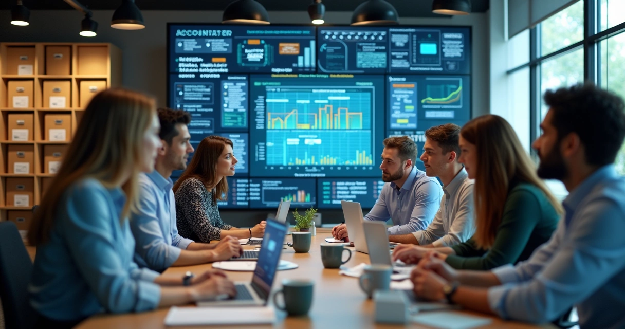 Funcionários de escritório de contabilidade analisando documentos em uma tela grande 