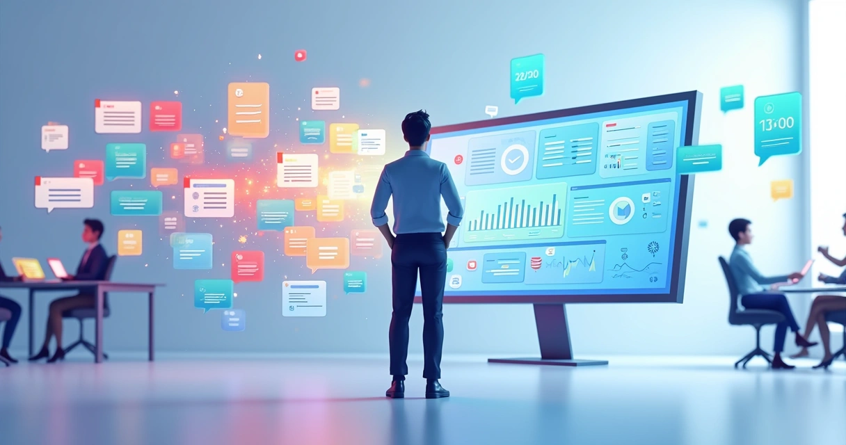 Gestor observa várias telas caóticas se unindo em um painel central organizado 