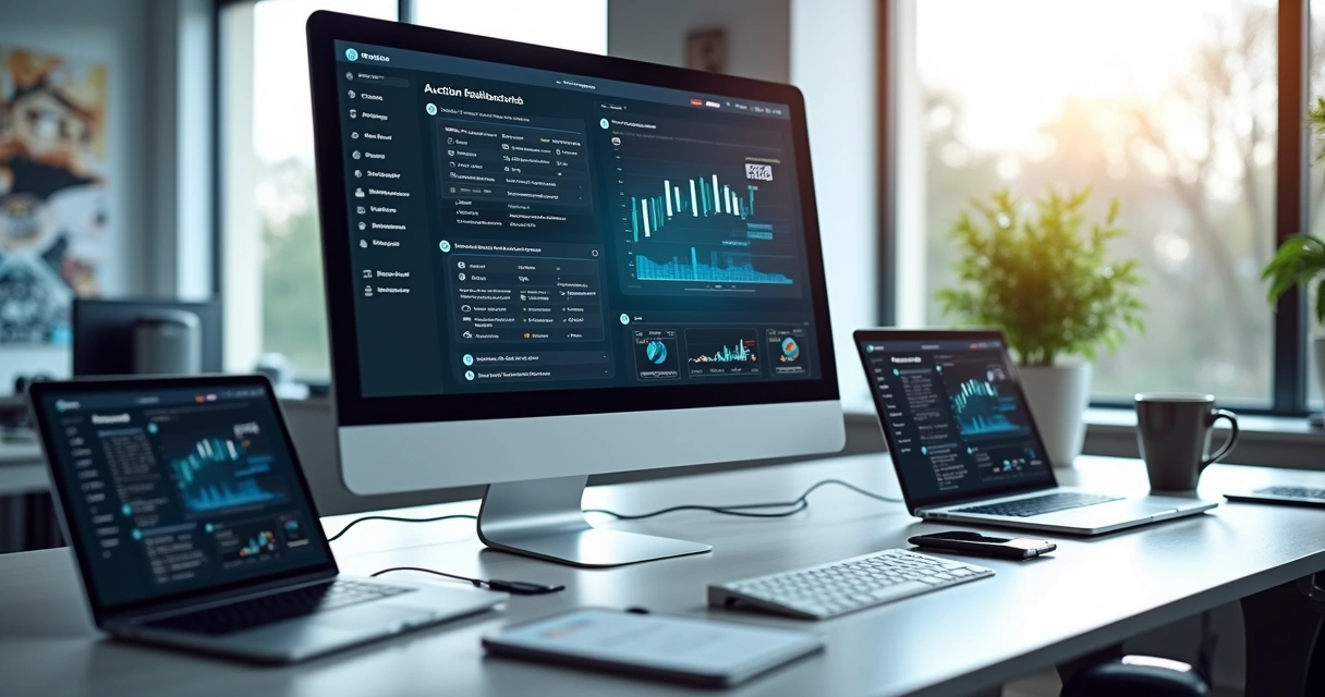 Mesa com múltiplos dispositivos digitais mostrando diferentes plataformas de leilão imobiliário, integrados em um só sistema na tela central 