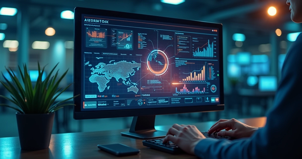 Interface moderna mostrando várias ferramentas de TI integradas em uma única plataforma digital com gráficos e conexões entre ícones digitais 