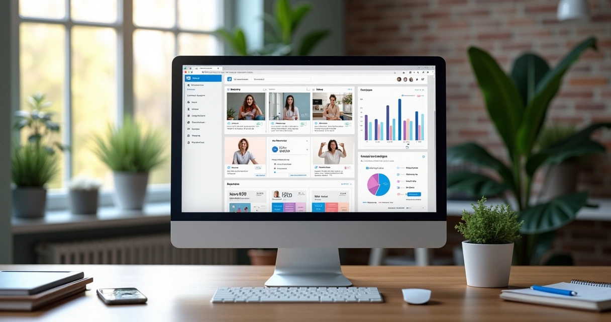 Tela de computador exibindo plataforma digital com painel de controle e métricas de influenciadores