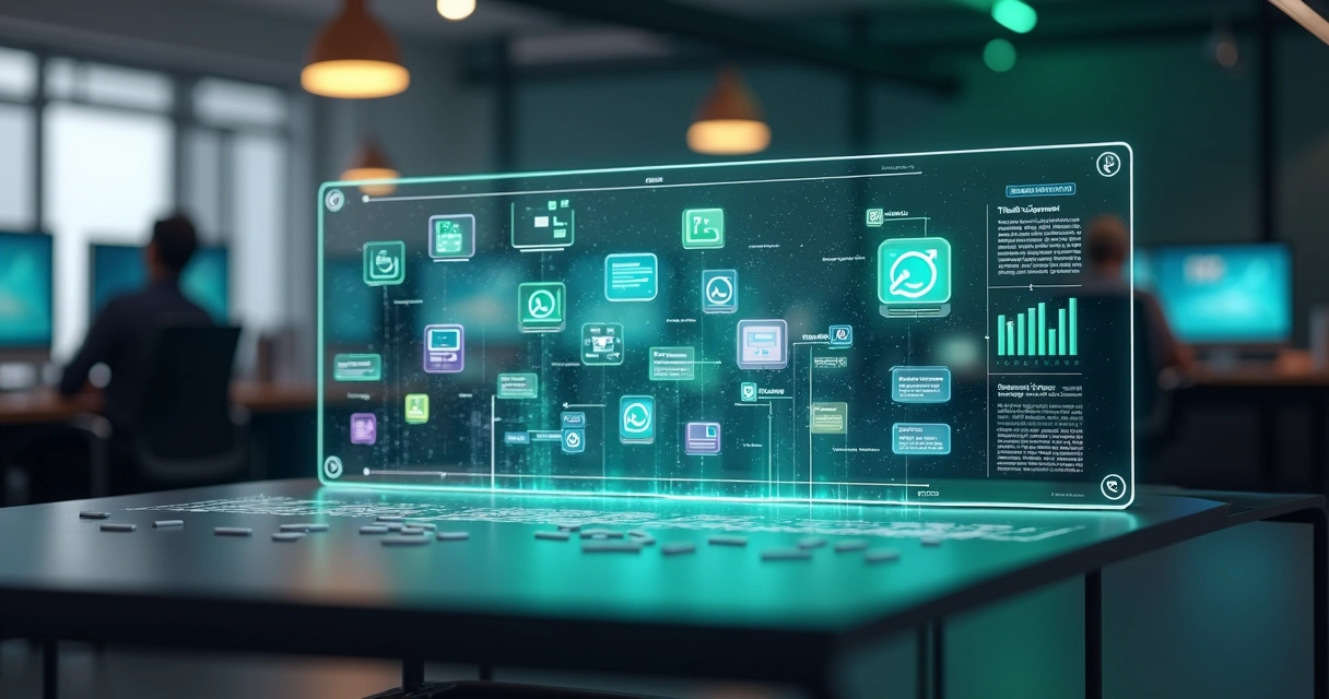 Linha do tempo digital conectando ícones de chat do WhatsApp a um painel central de vendas 