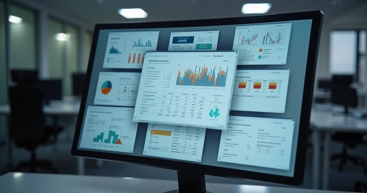 Painel digital centralizado com múltiplos documentos e gráficos 