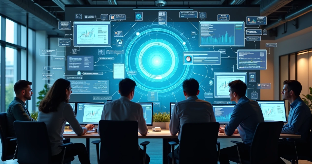 Dashboard digital em ambiente de escritório com telas mostrando integração de informações 