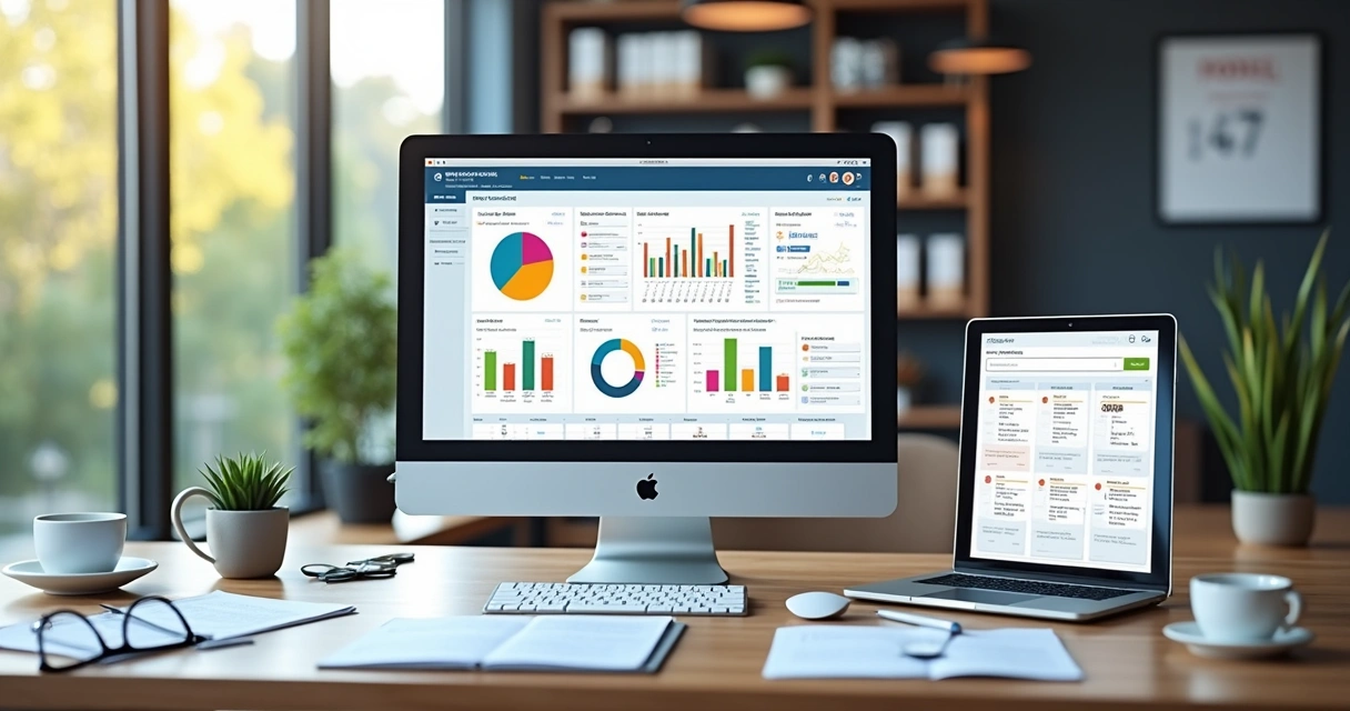 Interface de software contábil com dashboard colorido mostrando gráficos e dados de clientes centralizados 