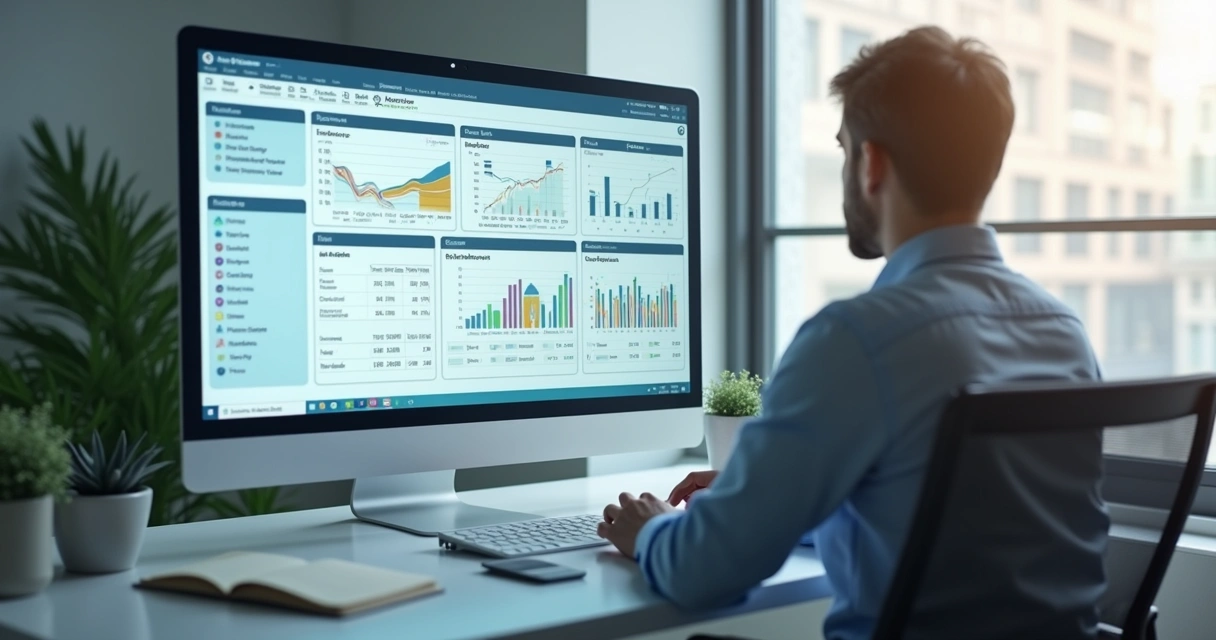 Tela de ERP com módulos centralizados de finanças, vendas e estoque 