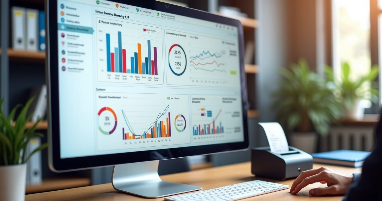 Tela centralizada de ERP exibindo informações de estoque, vendas e financeiro