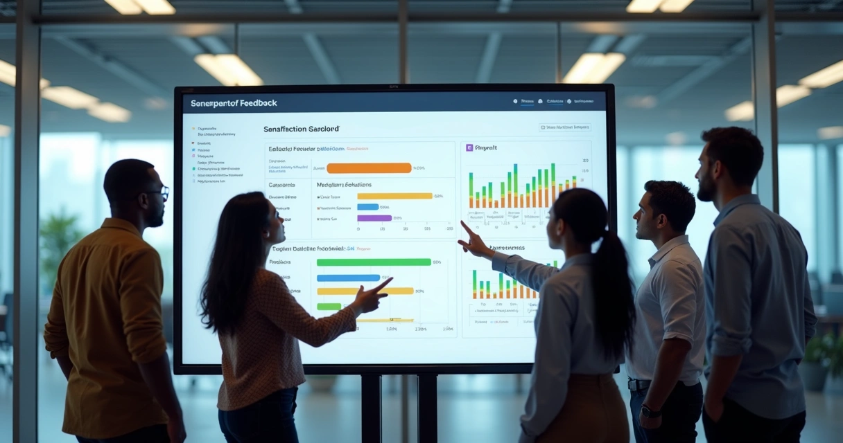 Equipe analisando painel digital de feedbacks segmentados