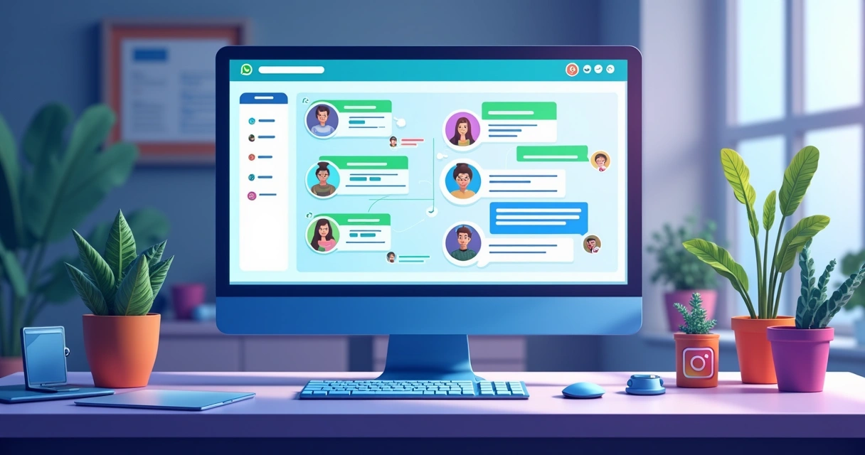 Painel mostrando integrações de WhatsApp, Facebook e Instagram