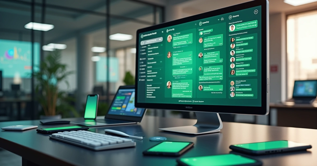 Painel digital com múltiplas conversas do WhatsApp unificadas em uma única tela 