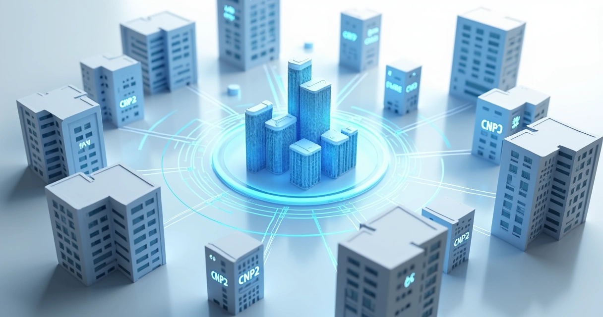 Gráfico mostra empresas conectadas ao redor de um painel central de controle 