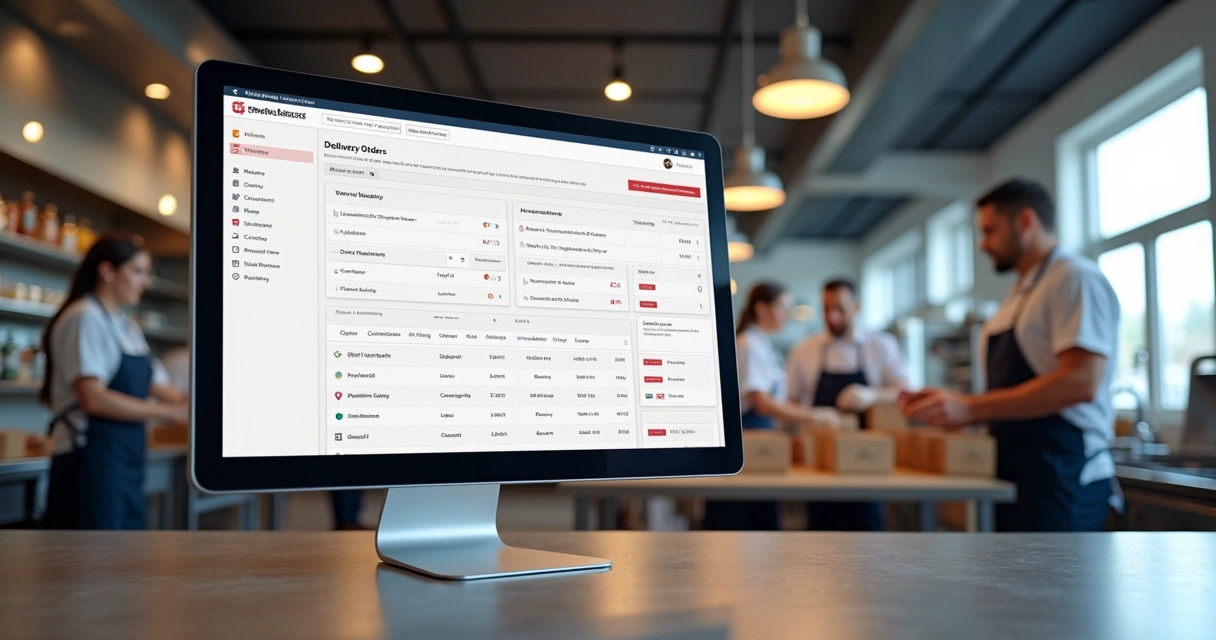 Tela de computador com painel de gestão de pedidos abertos de diferentes marcas delivery, equipe de cozinha ao fundo preparando pedidos, ambiente moderno e organizado