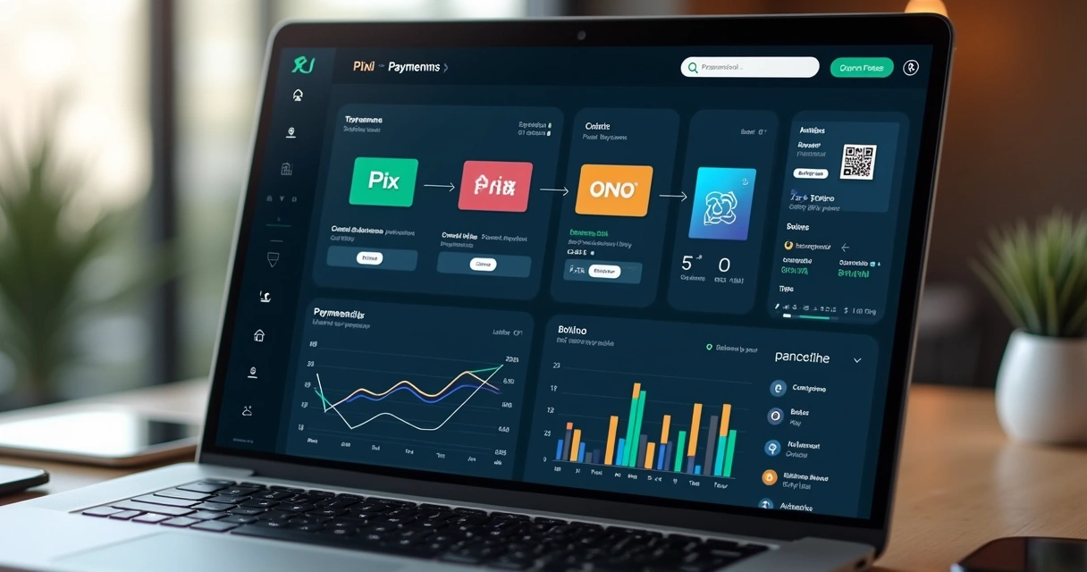 Dashboard com indicadores e integrações de vários métodos de pagamento, incluindo Pix, cartão, boleto 