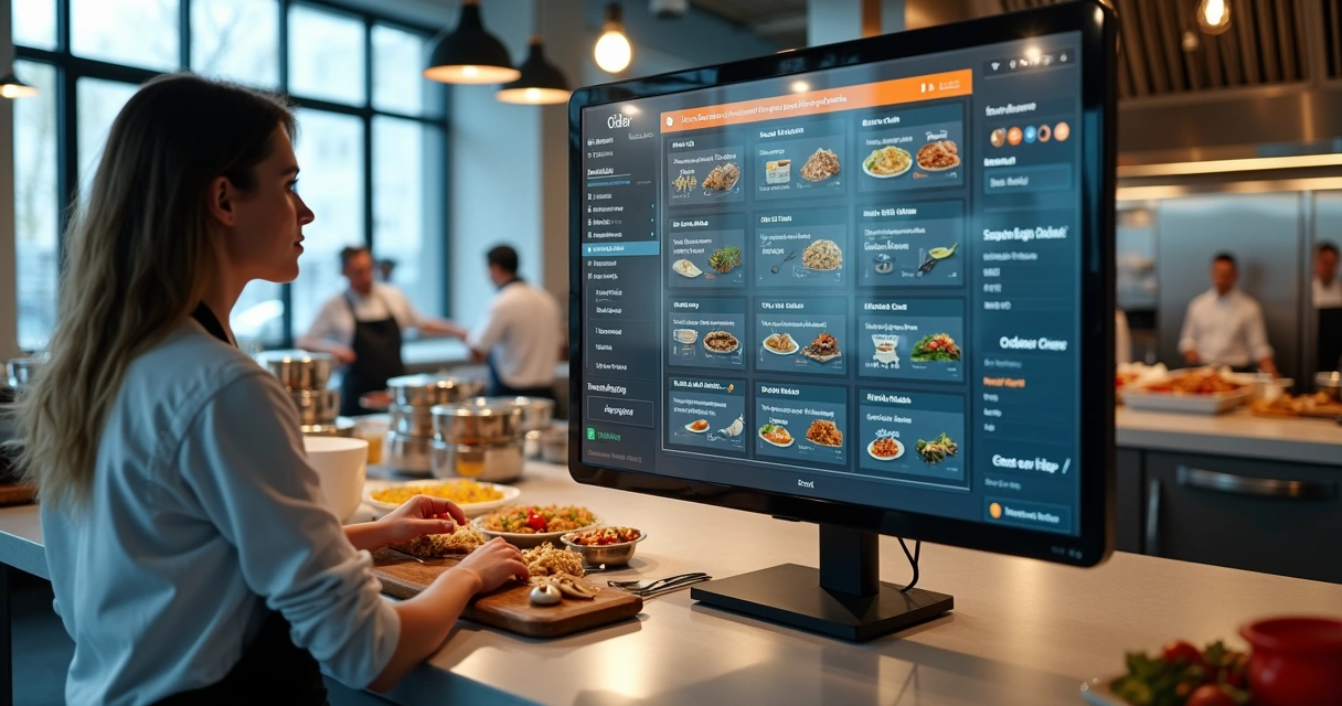 Operador de delivery gerenciando múltiplos pedidos em painel digital 